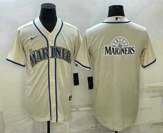 Men%27s Seattle Mariners Big Logo Cream Stitched MLB Cool Base Nike Jersey